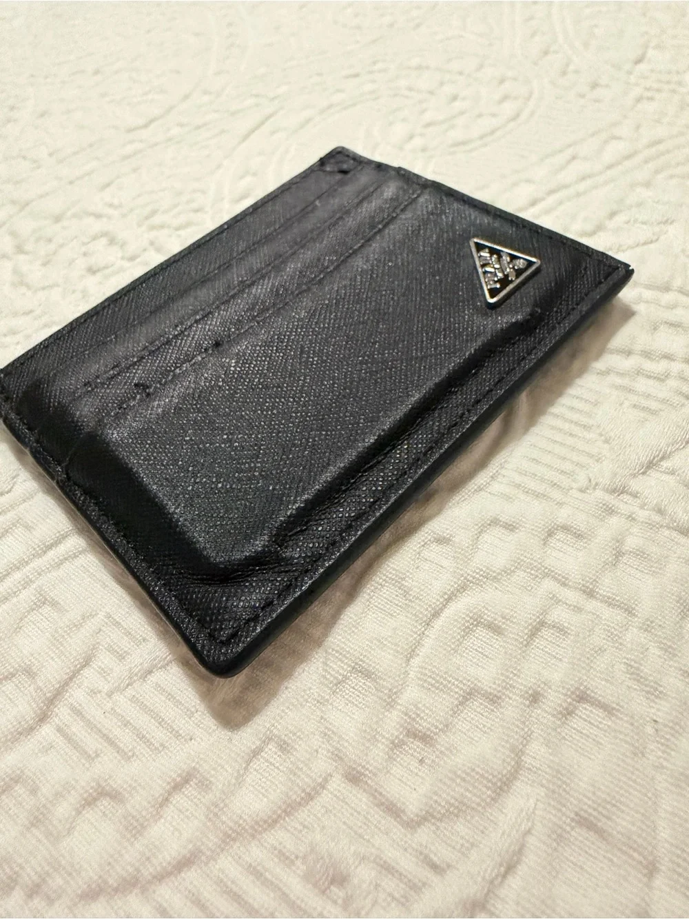 Prada Black Saffiano Card Case with Silver Triangle Logo